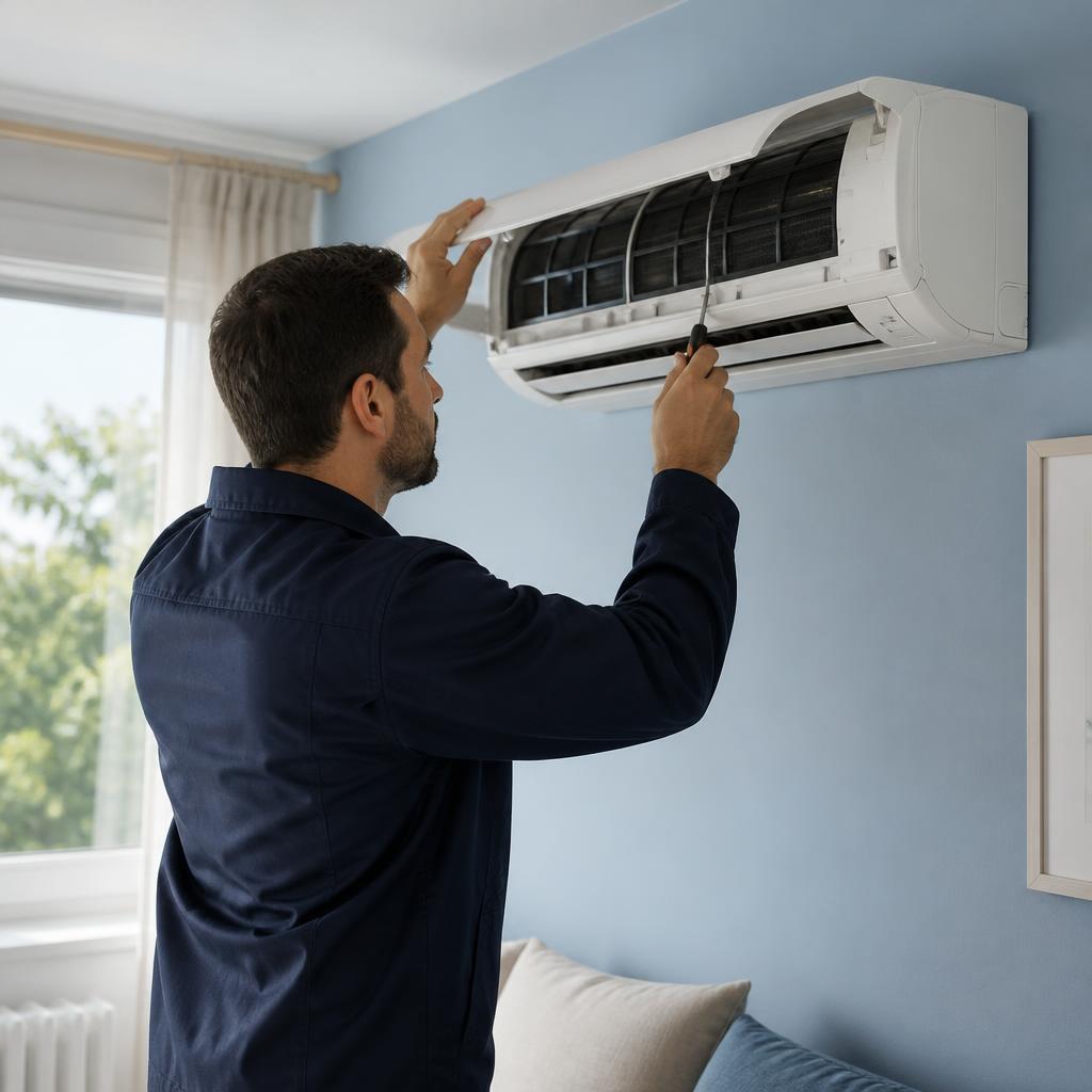 Tecnico che controlla l’unità interna di un climatizzatore