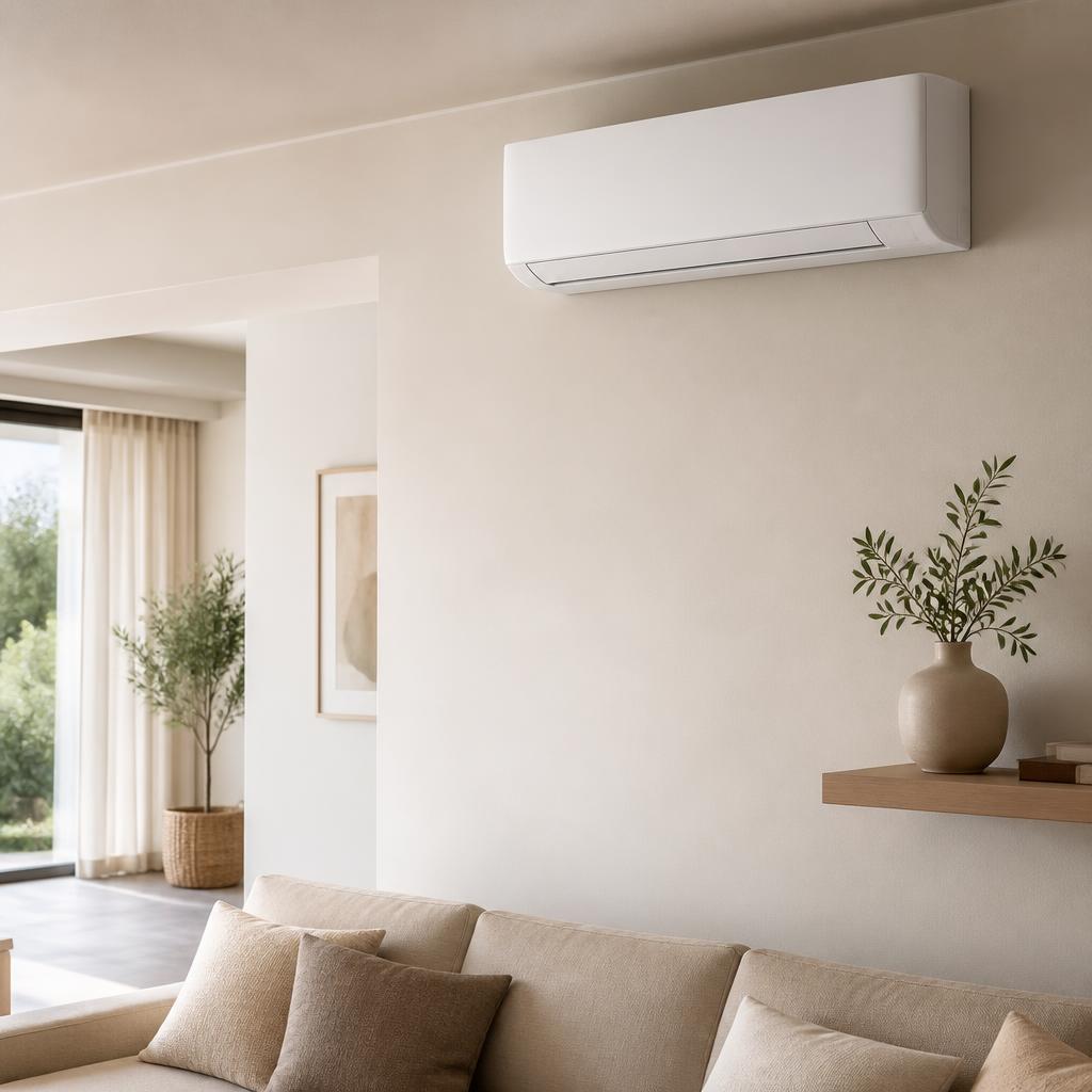 Unità interna di climatizzazione bianca in un soggiorno luminoso